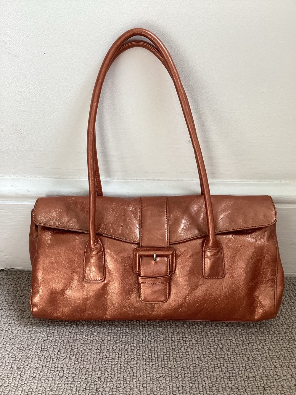 Metallic HOBO Brand Copper Leather Shoulder Bag with Buckle Detail